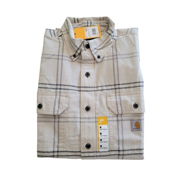 NWT Men's Size Medium Carhartt Button Shirt Pockets Short Sleeve Lt Beige Gray - Picture 1 of 6